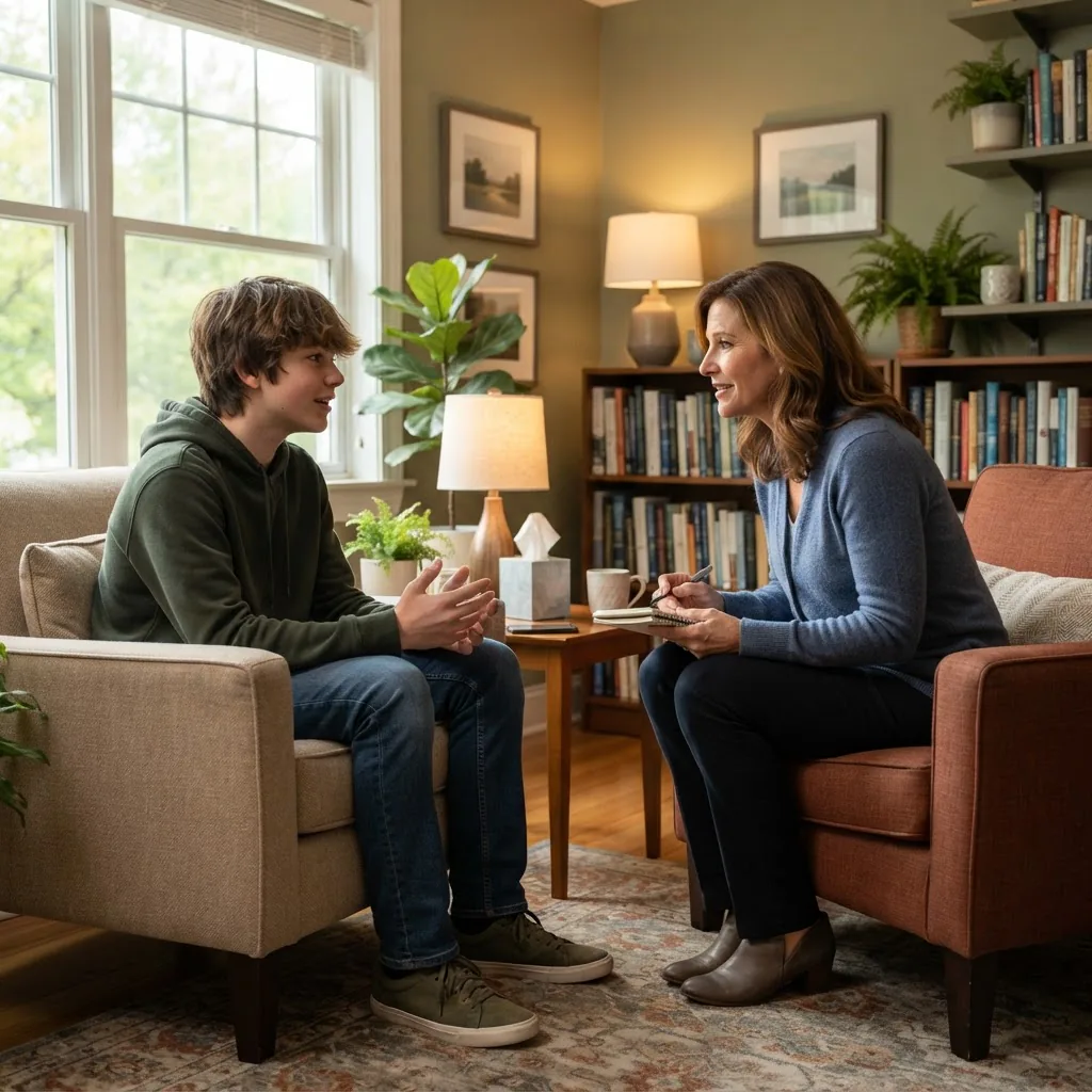 Photorealistic image of a male teenager and a female therapist seated in a cozy counseling room, natural window light, therapist leaning