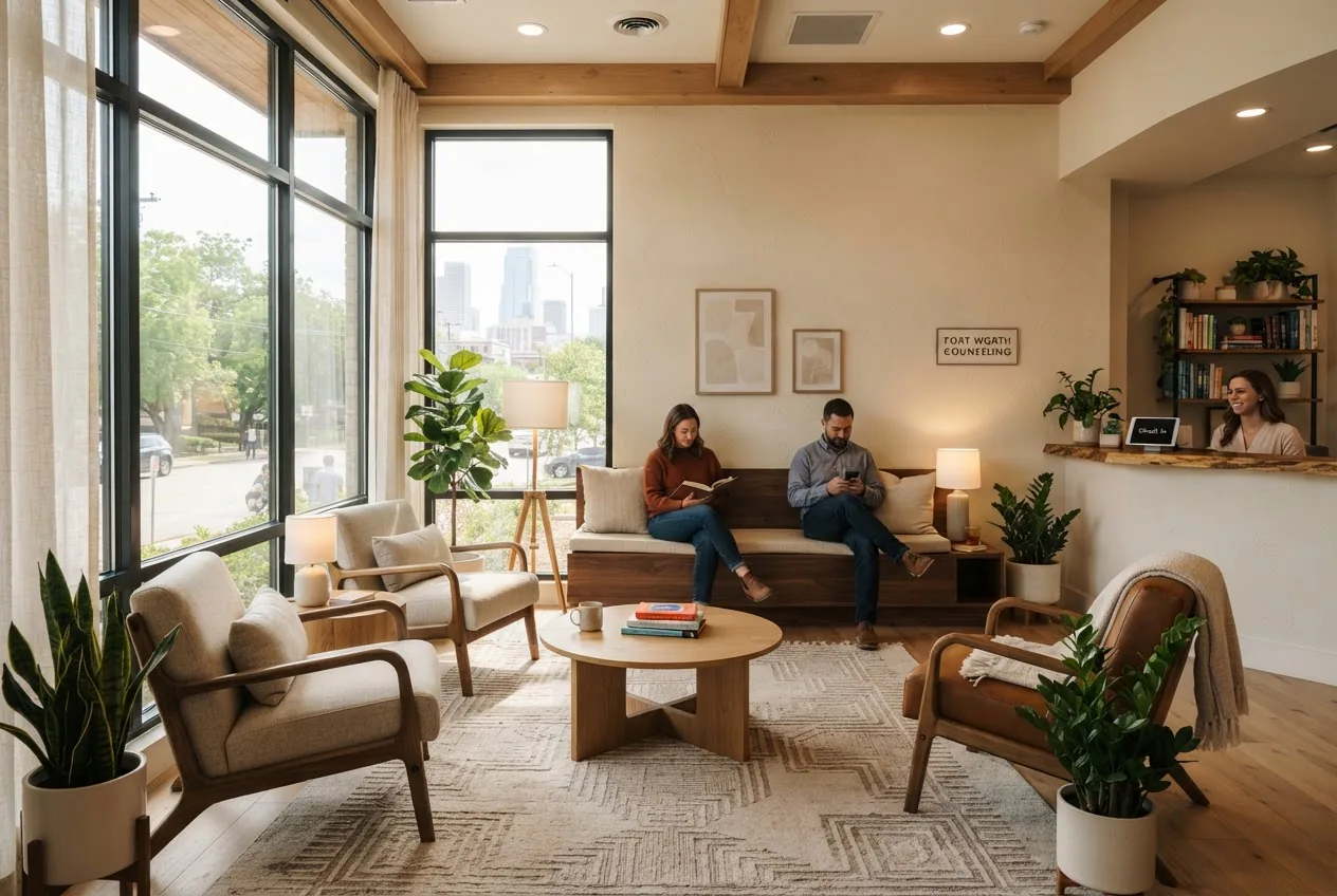 A wide, detailed photograph of a warm, modern Fort Worth therapy waiting room with sunlight streaming through large windows, comfortable