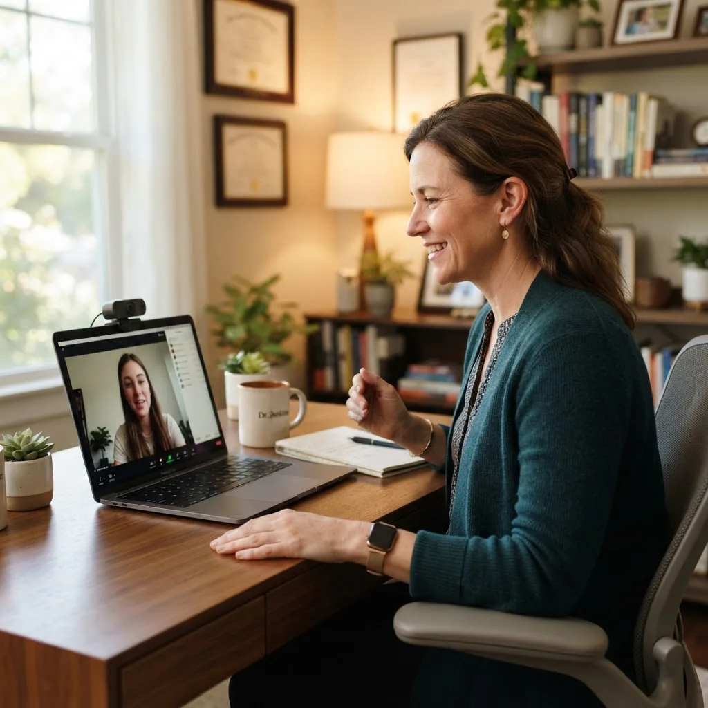 Photorealistic image showing a licensed therapist conducting a telehealth session on a laptop at a tidy desk, daytime home office setting,