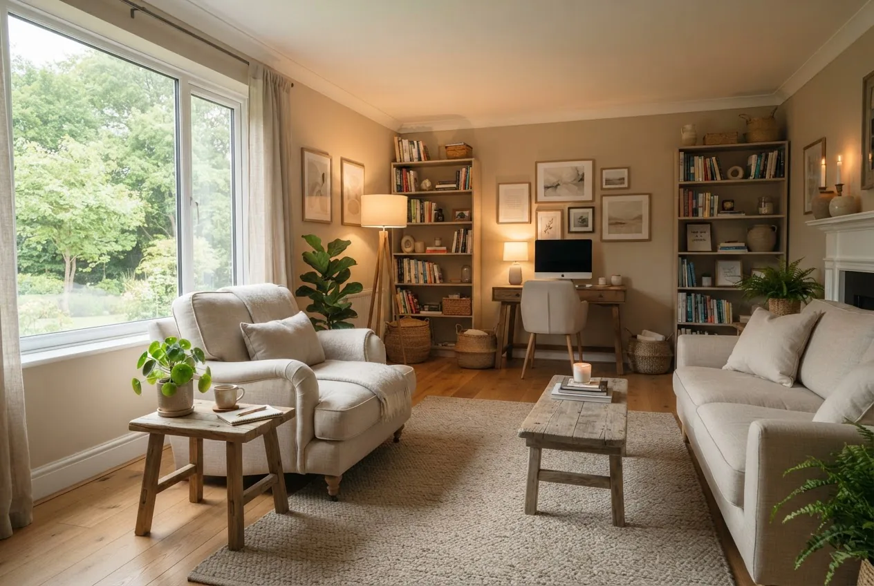 a calm therapy office with a comfortable armchair, soft natural light through a window, a small wooden side table with a potted plant,