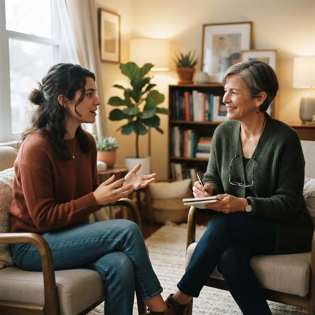 Photorealistic image of a client and therapist in a warm, comfortable counseling room, mid-conversation, therapist listening