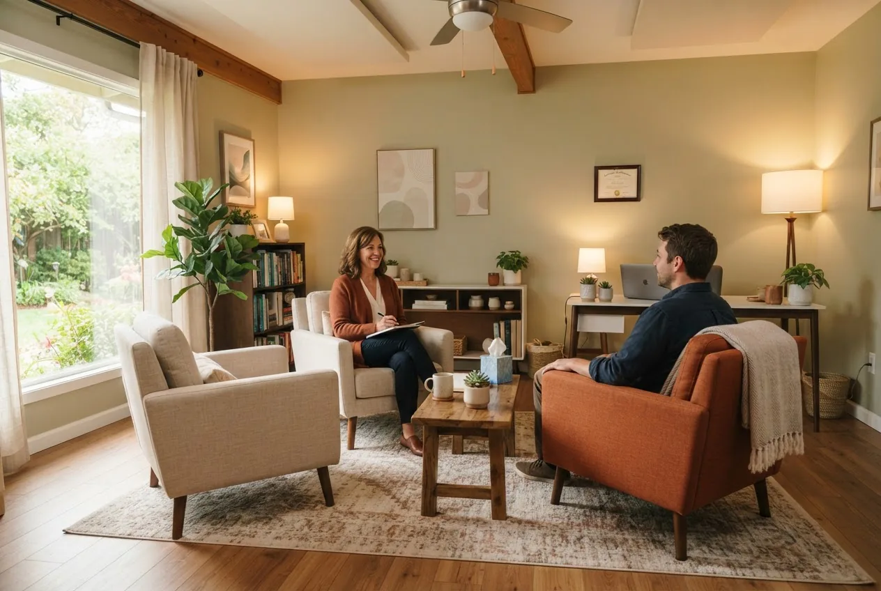 A wide, detailed photograph of a warm, professional therapy office: two comfortable chairs angled toward each other, soft natural light