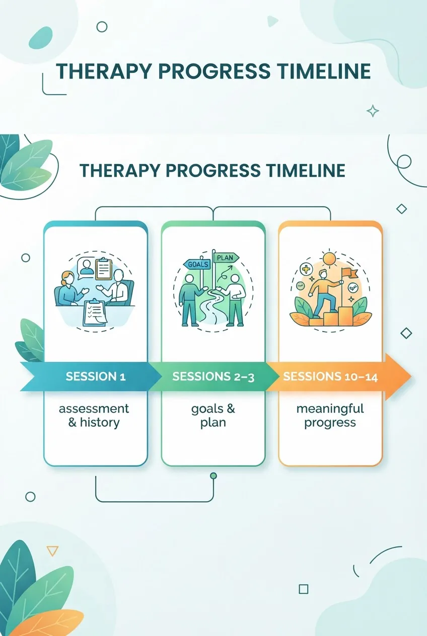 a three-step therapy timeline: Column 1 labeled Session 1 with short note 'assessment & history', Column 2 labeled Sessions 2–3 with short
