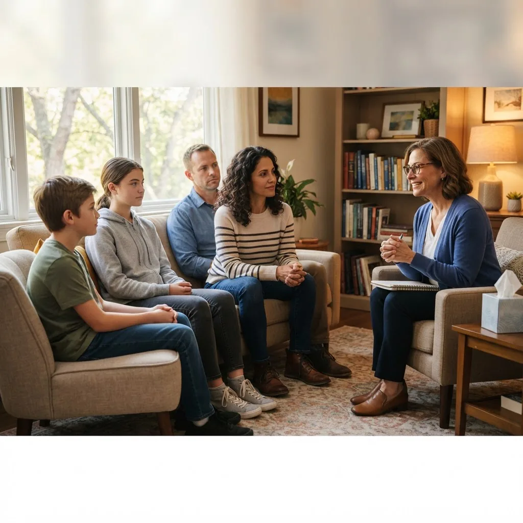 A family of four in a warm therapist's office sitting in a semi-circle, calm expressions, therapist listening attentively, soft daylight,