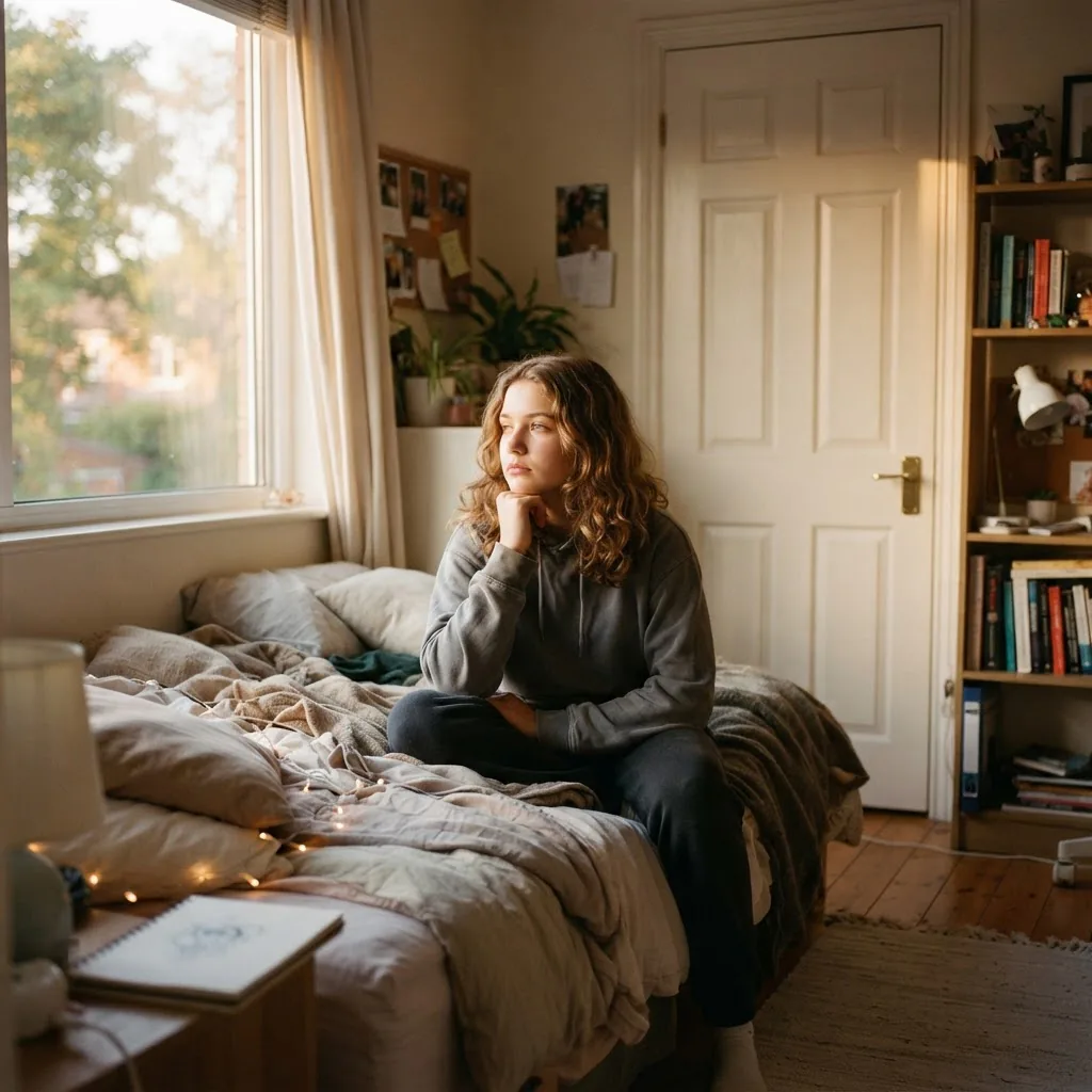 A teenage person sitting on their bed near a closed bedroom door, late afternoon light through a window, looking thoughtful and distant,