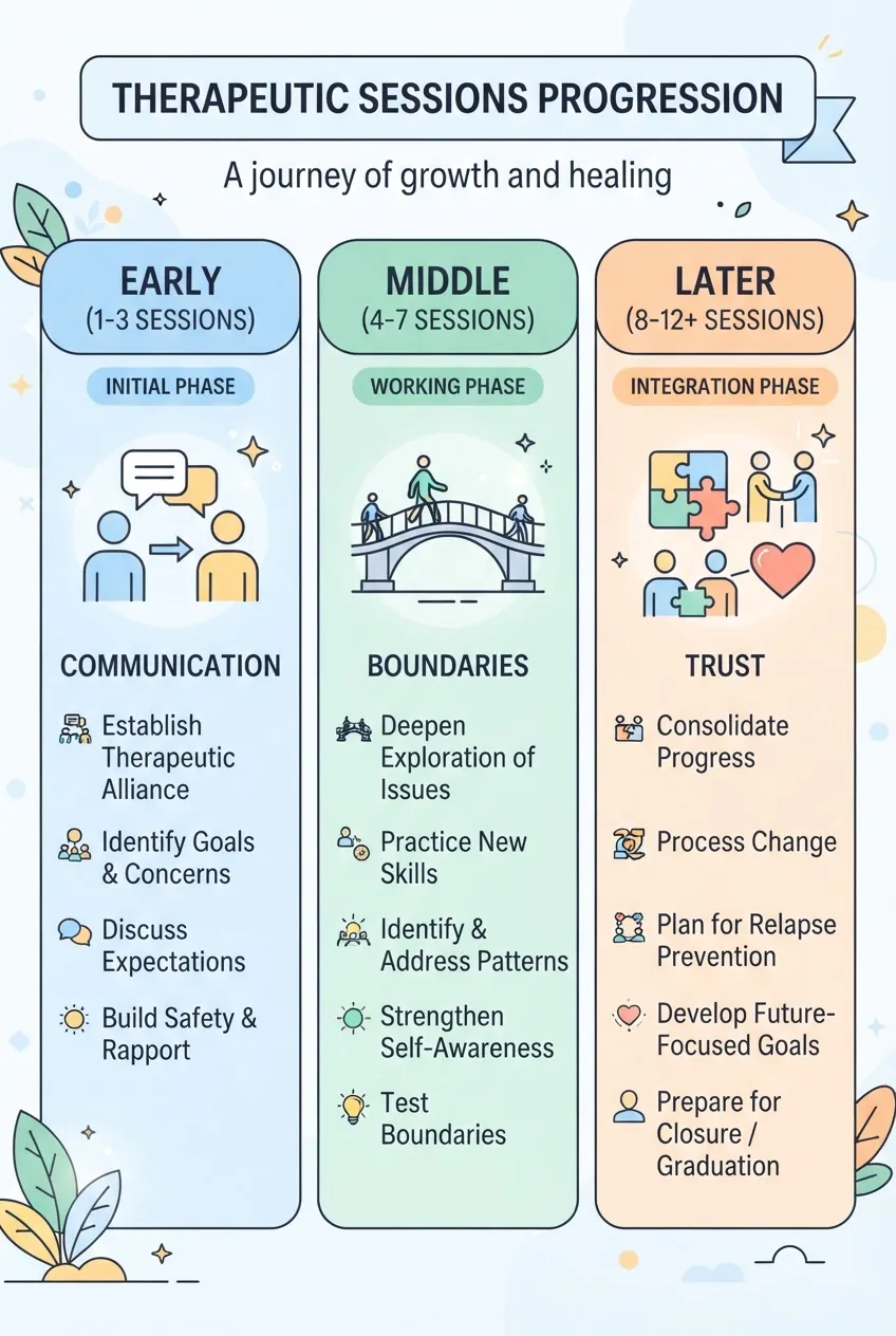 shows three columns for Early (1-3 sessions) with an icon and short bullet points, Middle (4-7) with an icon and brief bullets, Later