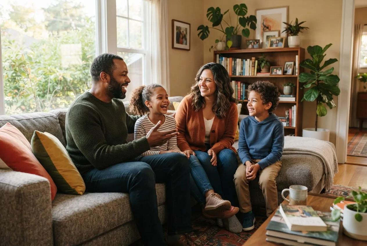 a diverse family of four in a cozy living room, parents and two kids sitting together on a sofa engaged in conversation, warm natural
