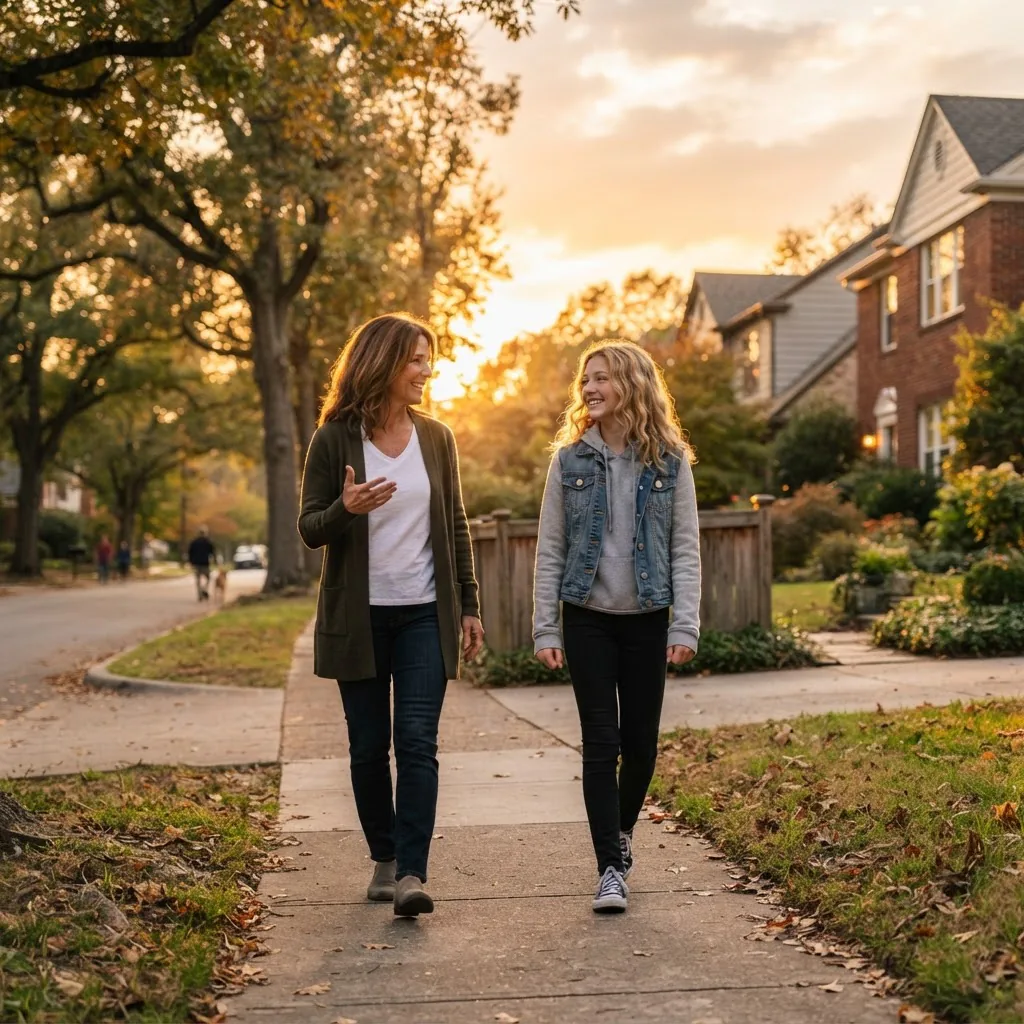 a parent and teenage child walking together down a neighborhood sidewalk at sunset, side view, relaxed conversation, warm backlight, candid