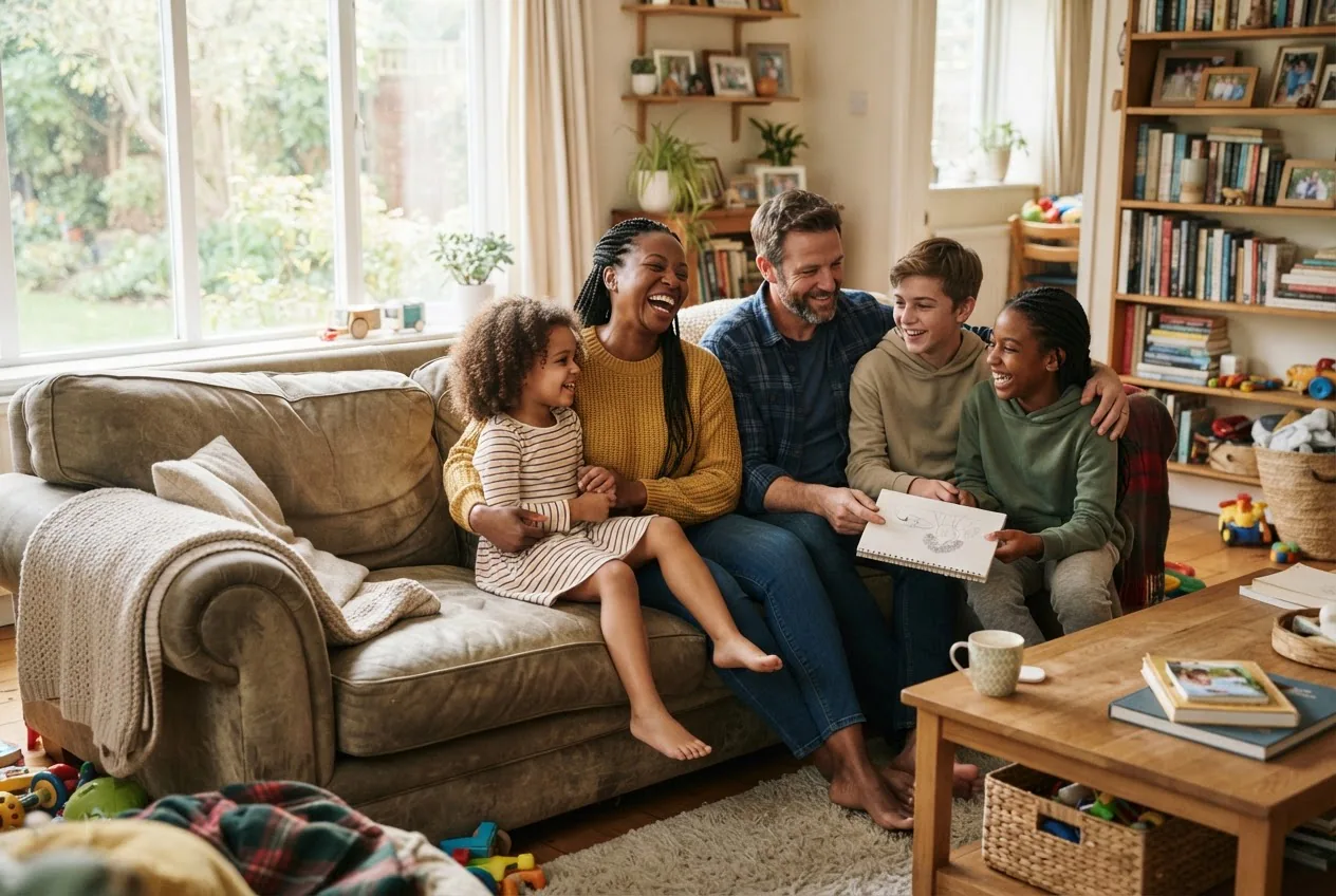 a multiracial blended family at home: parents and three children of different ages sharing a warm living-room moment, soft natural window