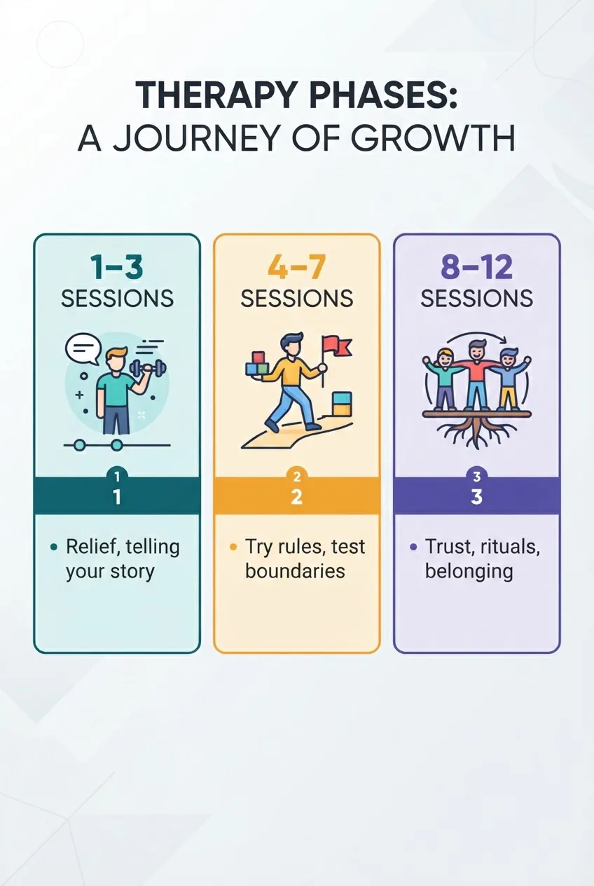 visualizes three therapy phases: Column 1 titled "1–3 sessions" with icon and short bullet "Relief, telling your story"; Column 2 "4–7