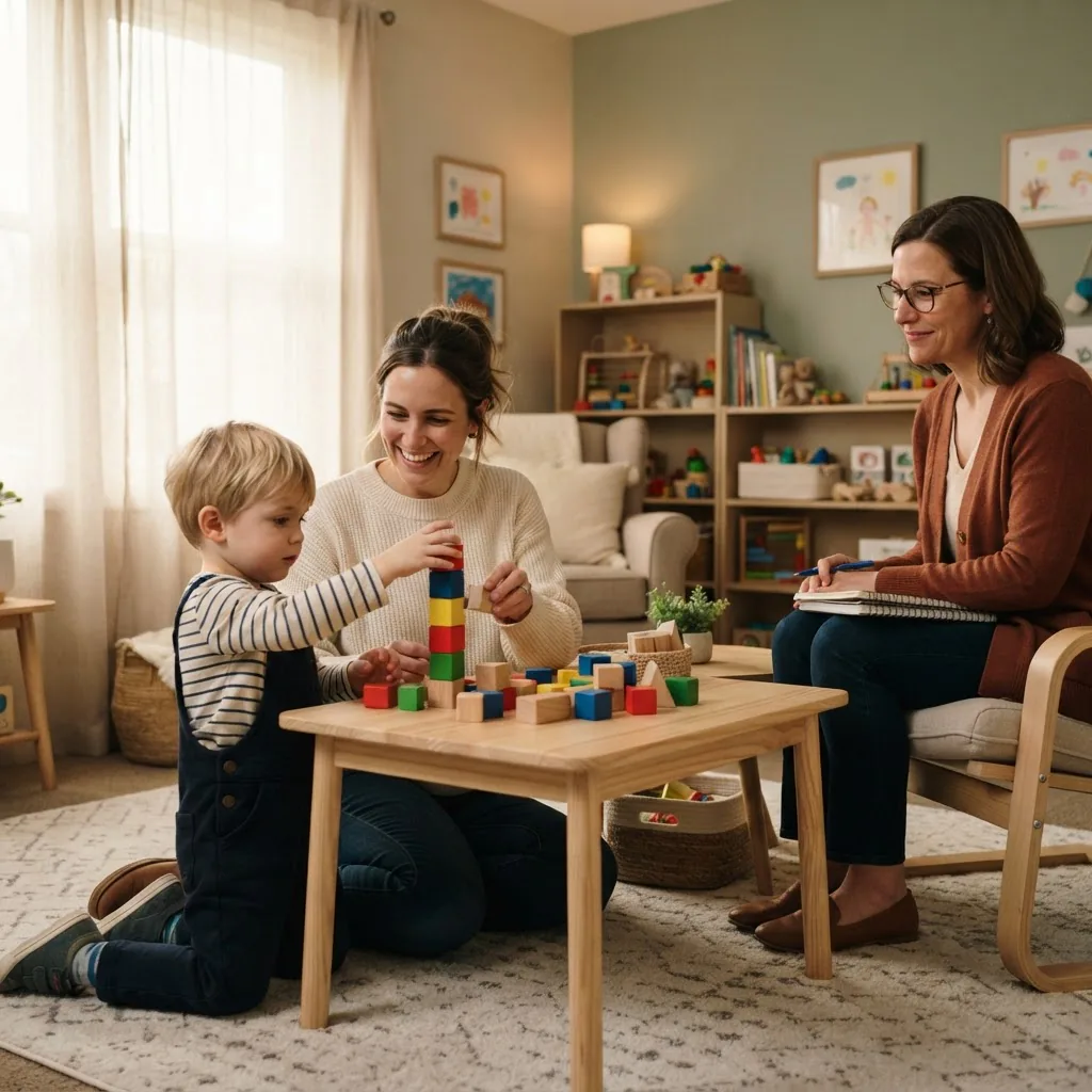 A photorealistic image showing a parent and young child playing with wooden blocks on a low table in a warm, softly lit therapy room; a