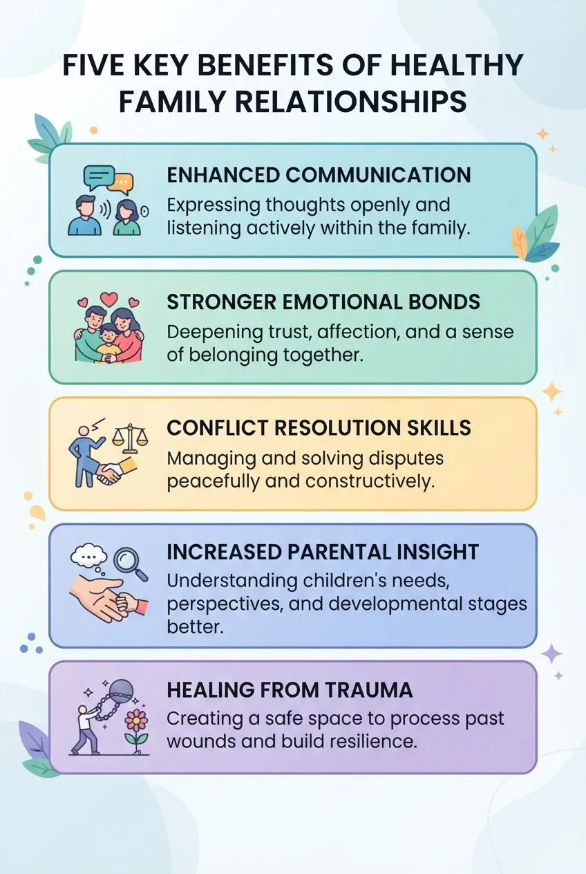 with five horizontal sections, each containing an icon and a short title and one-line benefit: Enhanced Communication, Stronger Emotional