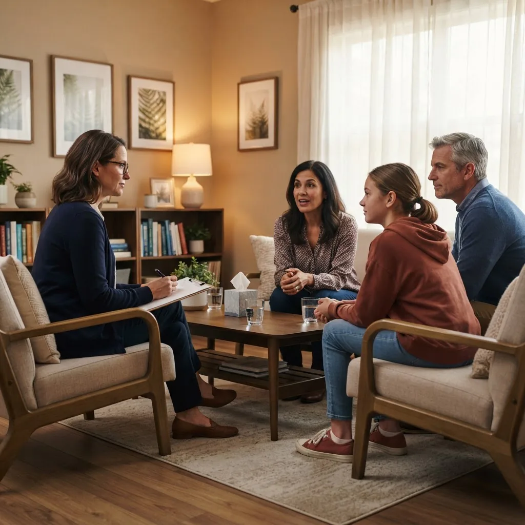 Photorealistic image showing a family therapy session from a side angle: therapist taking notes, parents and teen engaged in conversation,