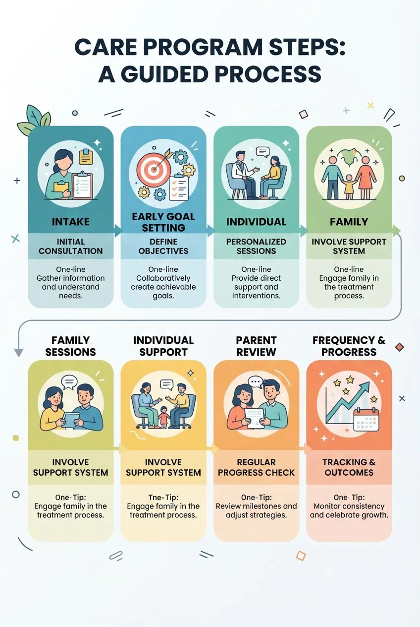 A clean, modern infographic showing six horizontal steps: Intake, Early Goal Setting, Individual Support, Family Sessions, Parent Review,
