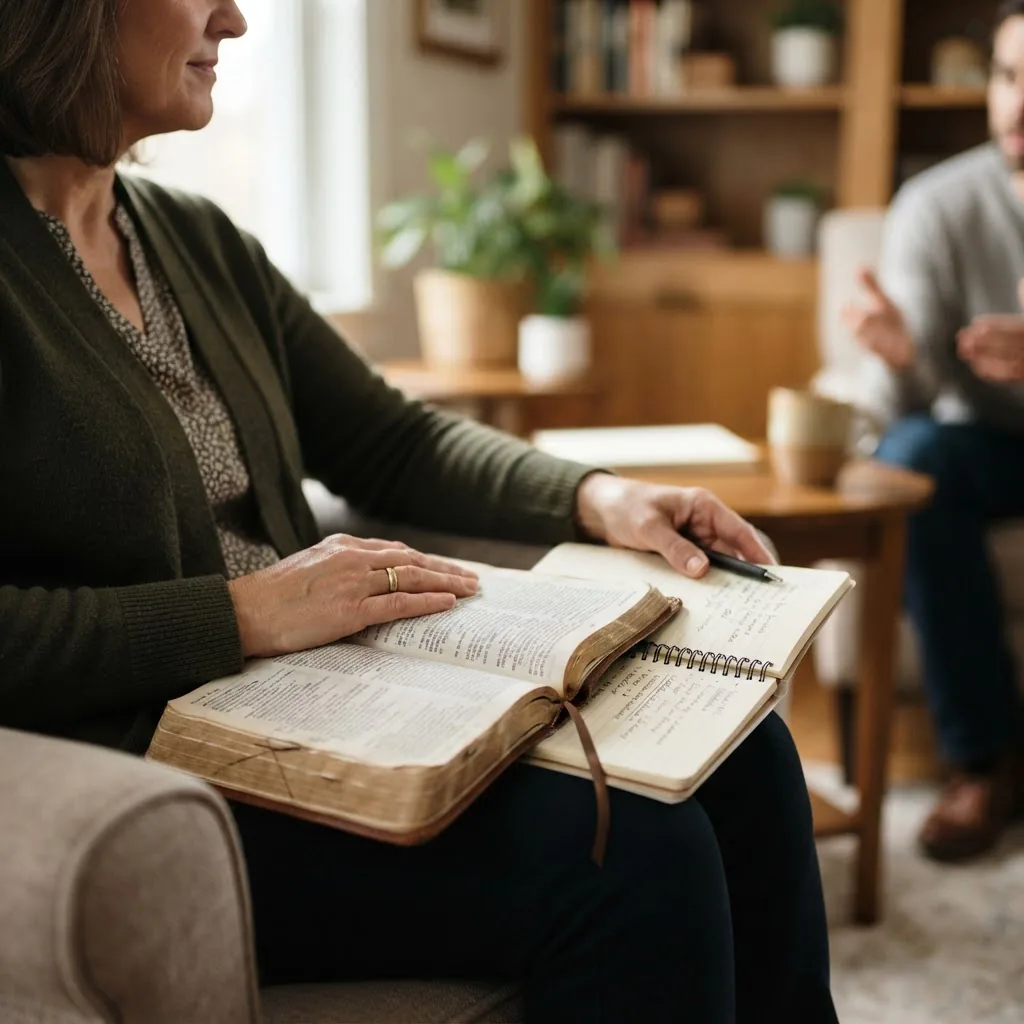 a close-up of a counselor's hands holding an open Bible and a notebook on a lap, soft natural light, warm intimate mood