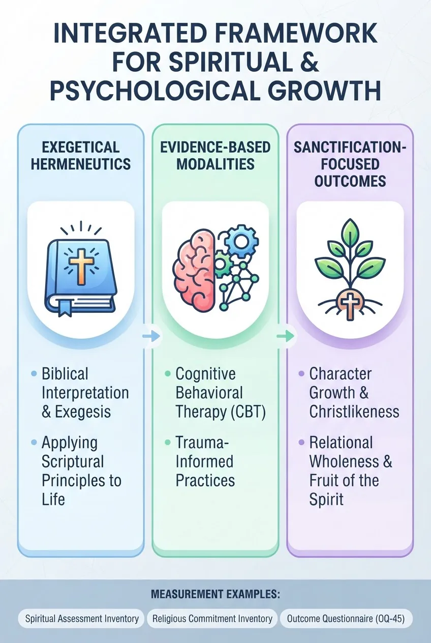 visually explains a three-part framework: left column "Exegetical Hermeneutics" with a Bible icon and two bullet points; center