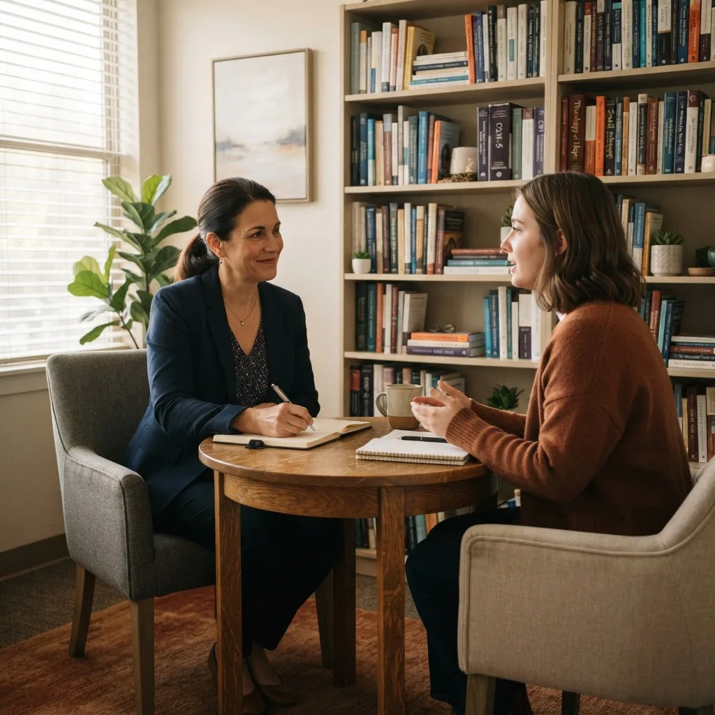 a female therapist consulting with a client across a small round table, soft daylight filtering through blinds, a bookshelf with both