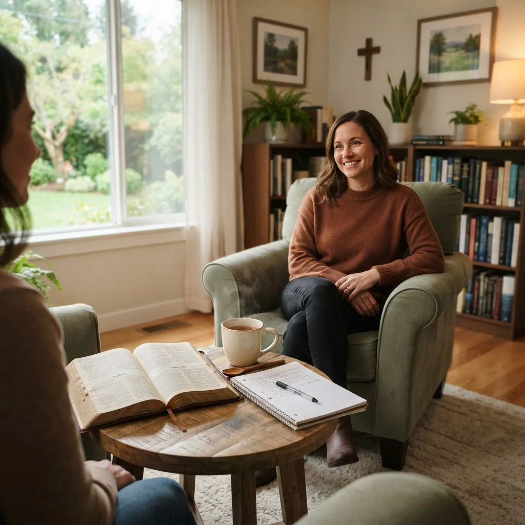 a calm therapy office with warm natural light, an open Bible on a small table next to a notepad and a cup of tea, viewed from a