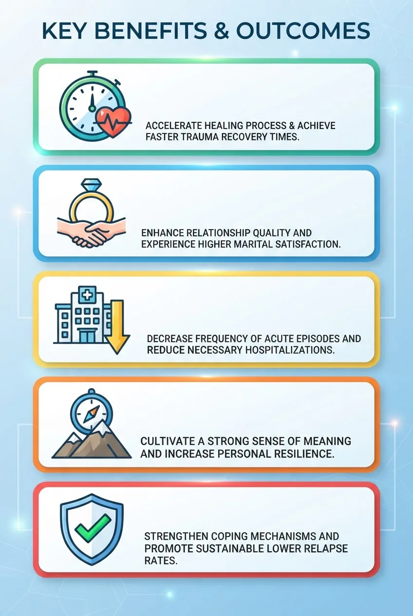 displays five vertically stacked panels each with an icon: 1) Faster Trauma Recovery - clock and heart, 2) Higher Marital Satisfaction -