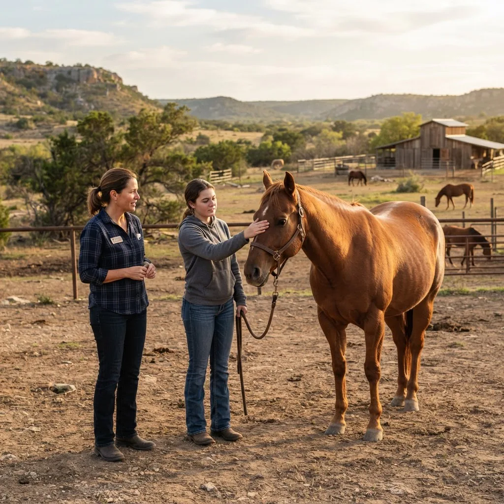 a therapist guiding a client during an equine-assisted therapy session on a ranch, soft afternoon light, horse calmly nearby, Texas