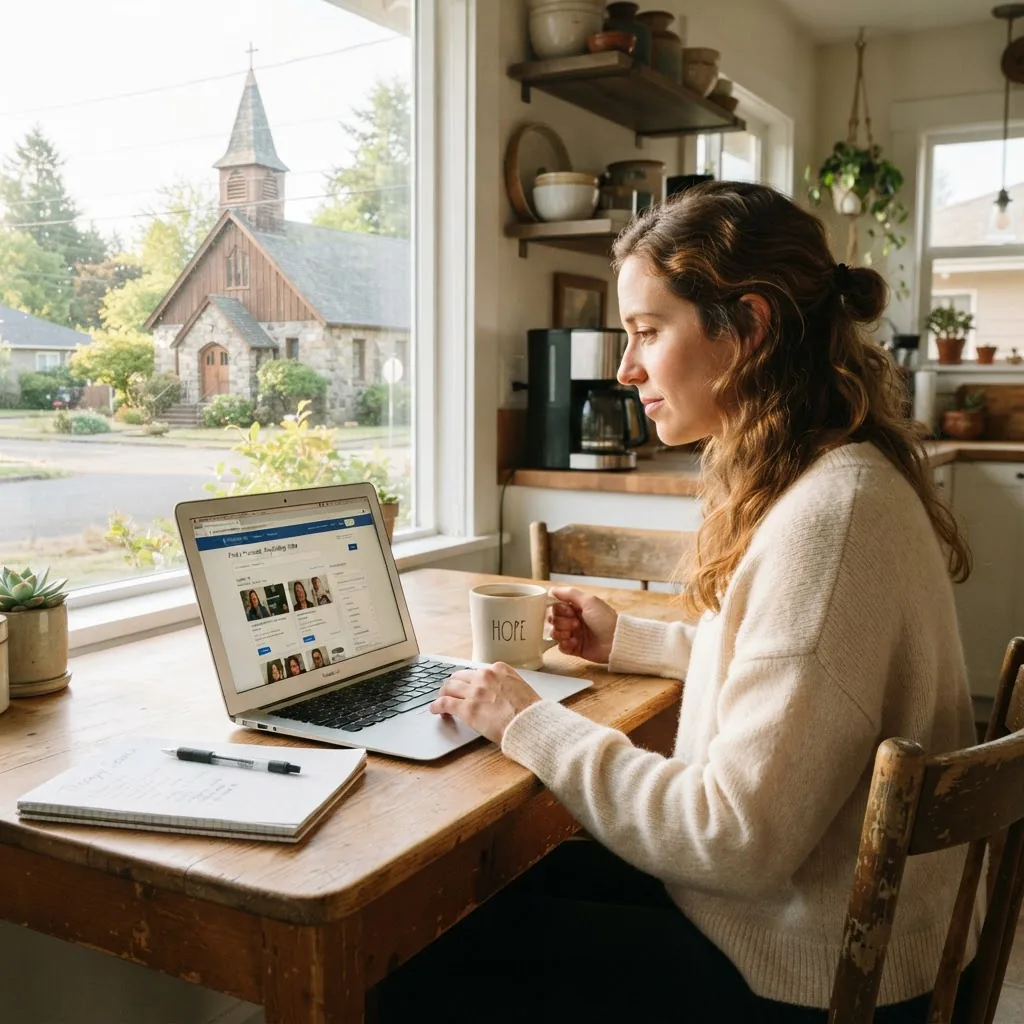 A photorealistic image showing a person at a kitchen table using a laptop to search for therapists, a small church building visible through
