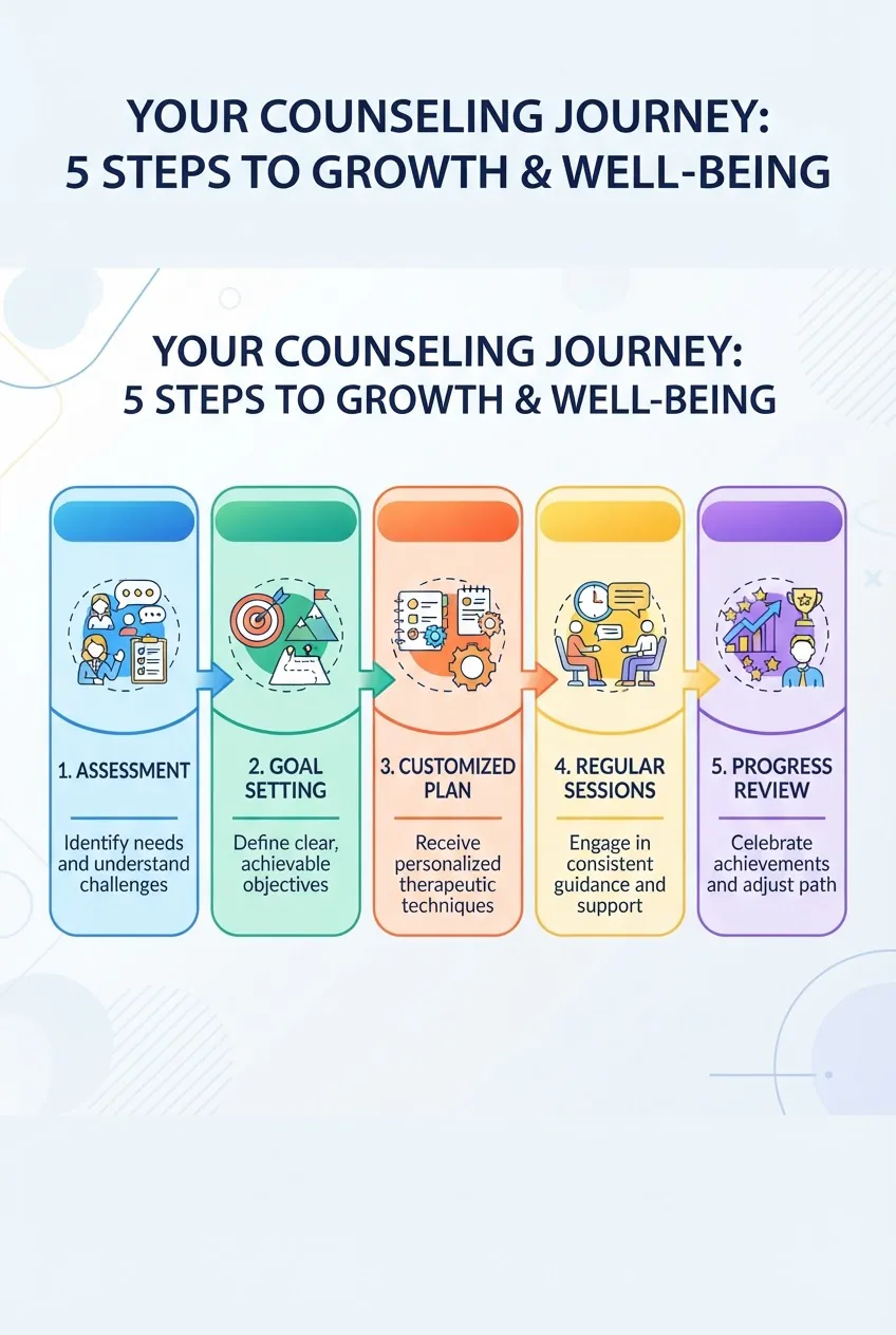 displays a five-step counseling journey in horizontal order: Assessment, Goal Setting, Customized Plan, Regular Sessions, Progress Review;