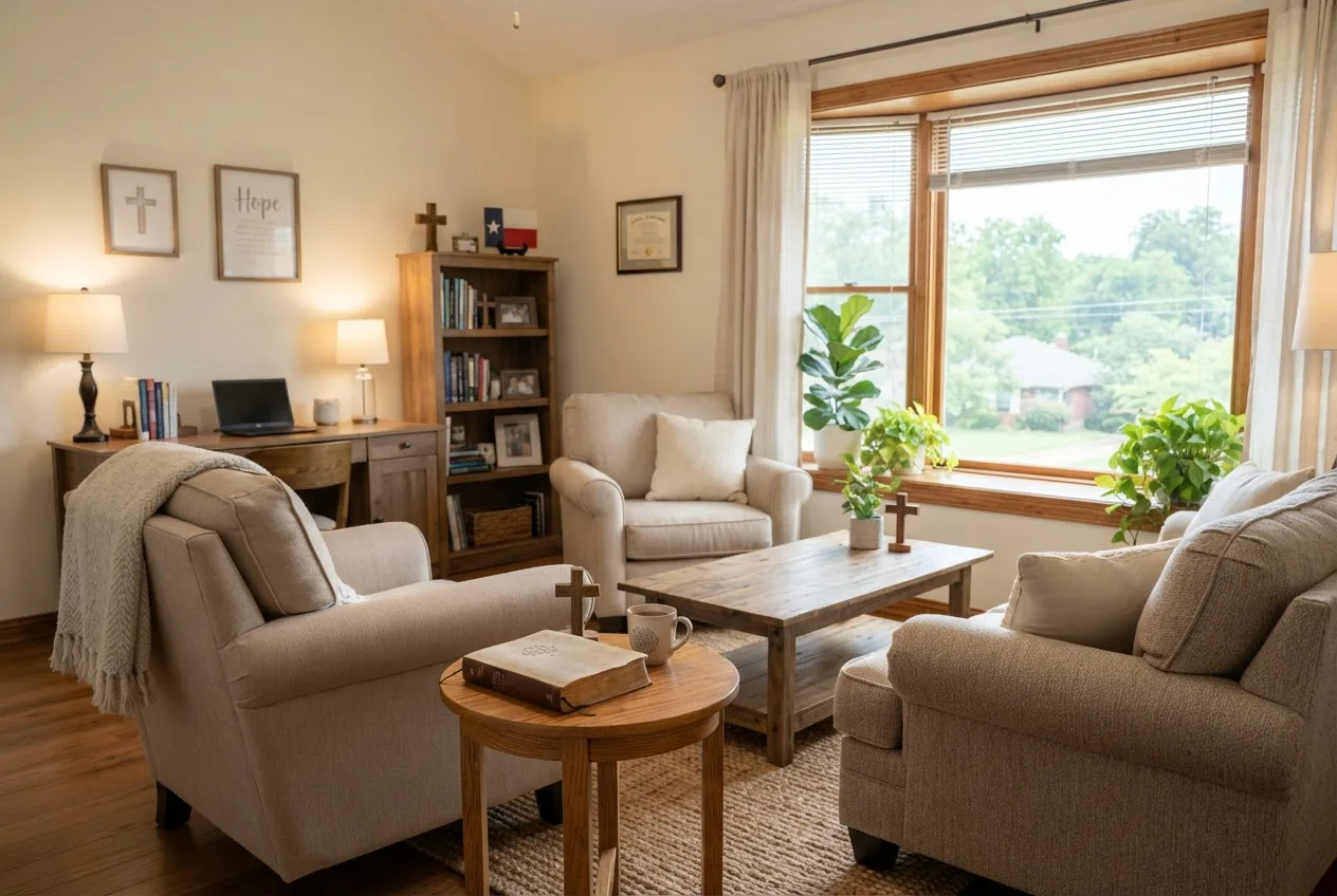 a calm Christian counselor's office in Fort Worth: a comfortable seating area, a Bible on a small wooden table, warm natural light through