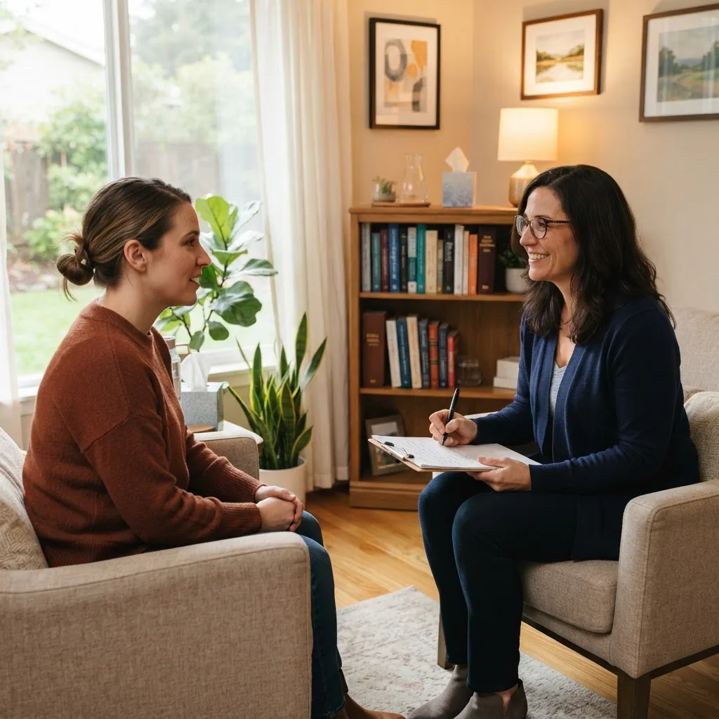 a licensed counselor speaking with an adult client in a bright therapy office; counselor taking notes, bookshelf with a Bible visible, warm