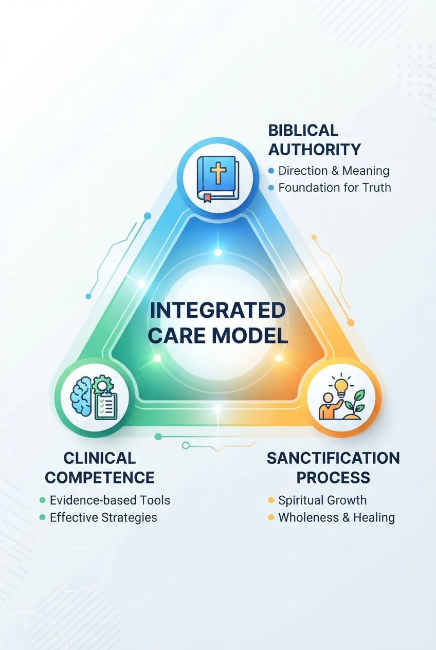 shows a triangle with three labeled corners: 'Biblical Authority', 'Clinical Competence', 'Sanctification Process'; center labeled