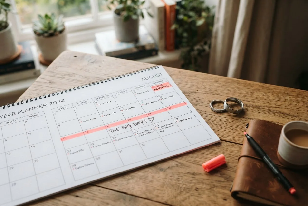 a wall calendar on a wooden table with a 6-9 month timeline highlighted in marker, a pair of wedding rings nearby, soft daylight, warm tones