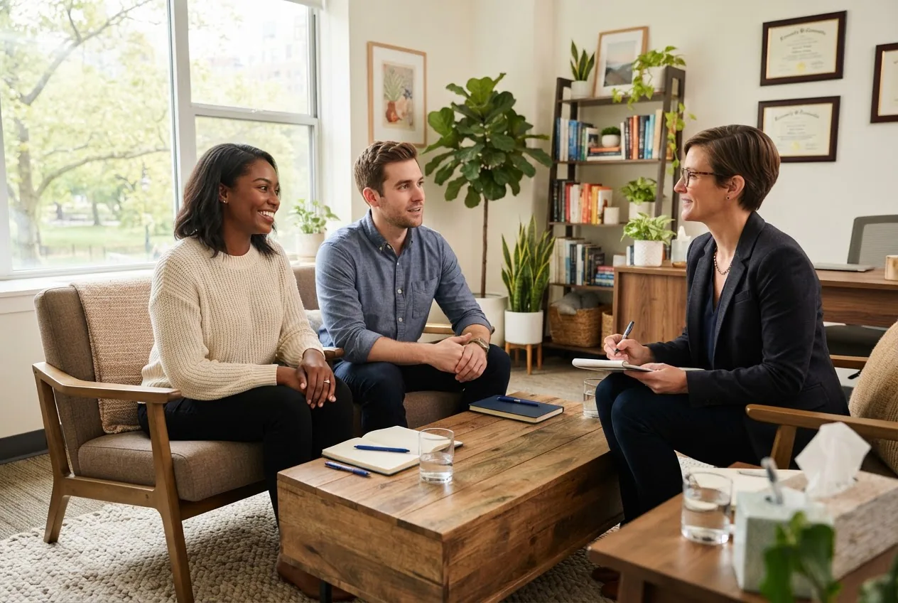 a diverse engaged couple sitting with a licensed counselor in a bright, modern counseling office, warm natural light, candid supportive