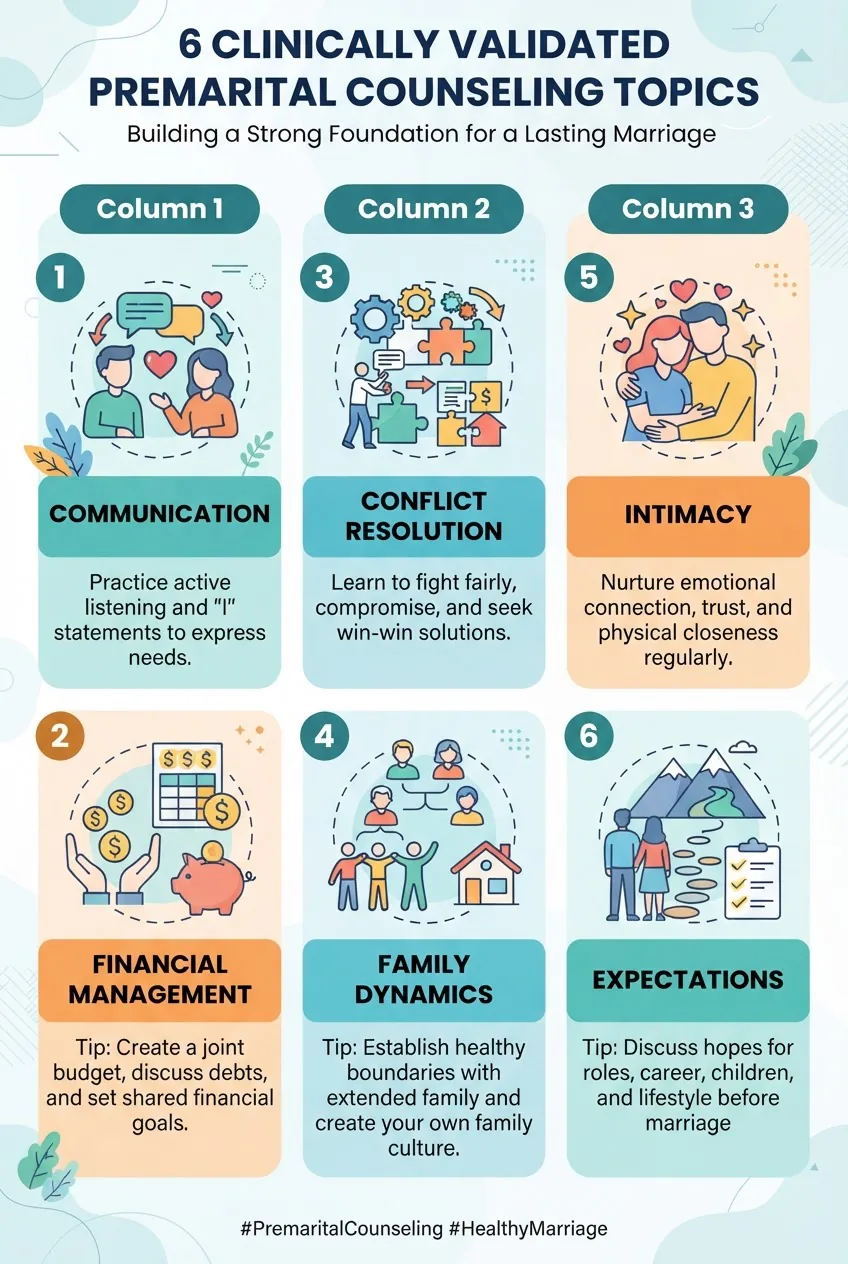 lists six clinically validated premarital counseling topics in three columns with icons: Communication, Financial Management, Conflict