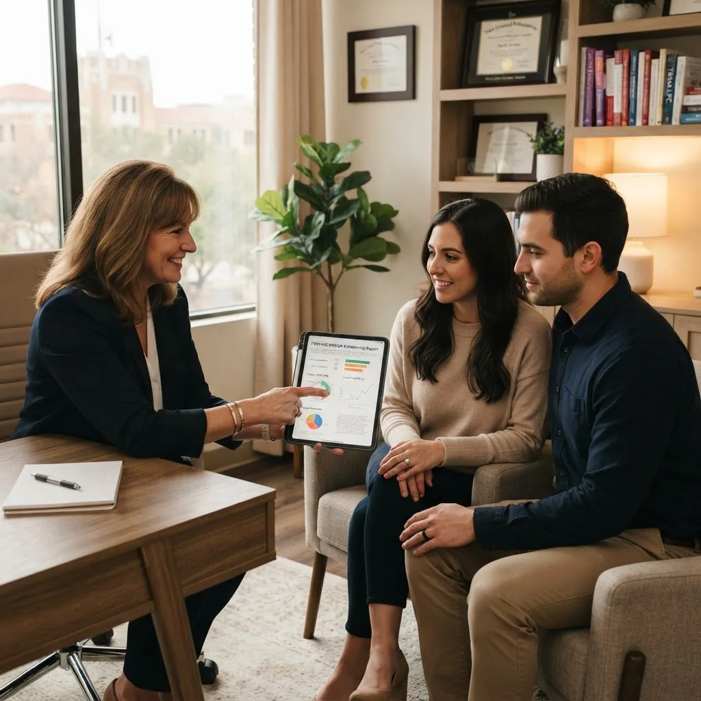 an engaged couple consulting with a Fort Worth licensed counselor in a cozy office, counselor pointing to a PREPARE/ENRICH report on a