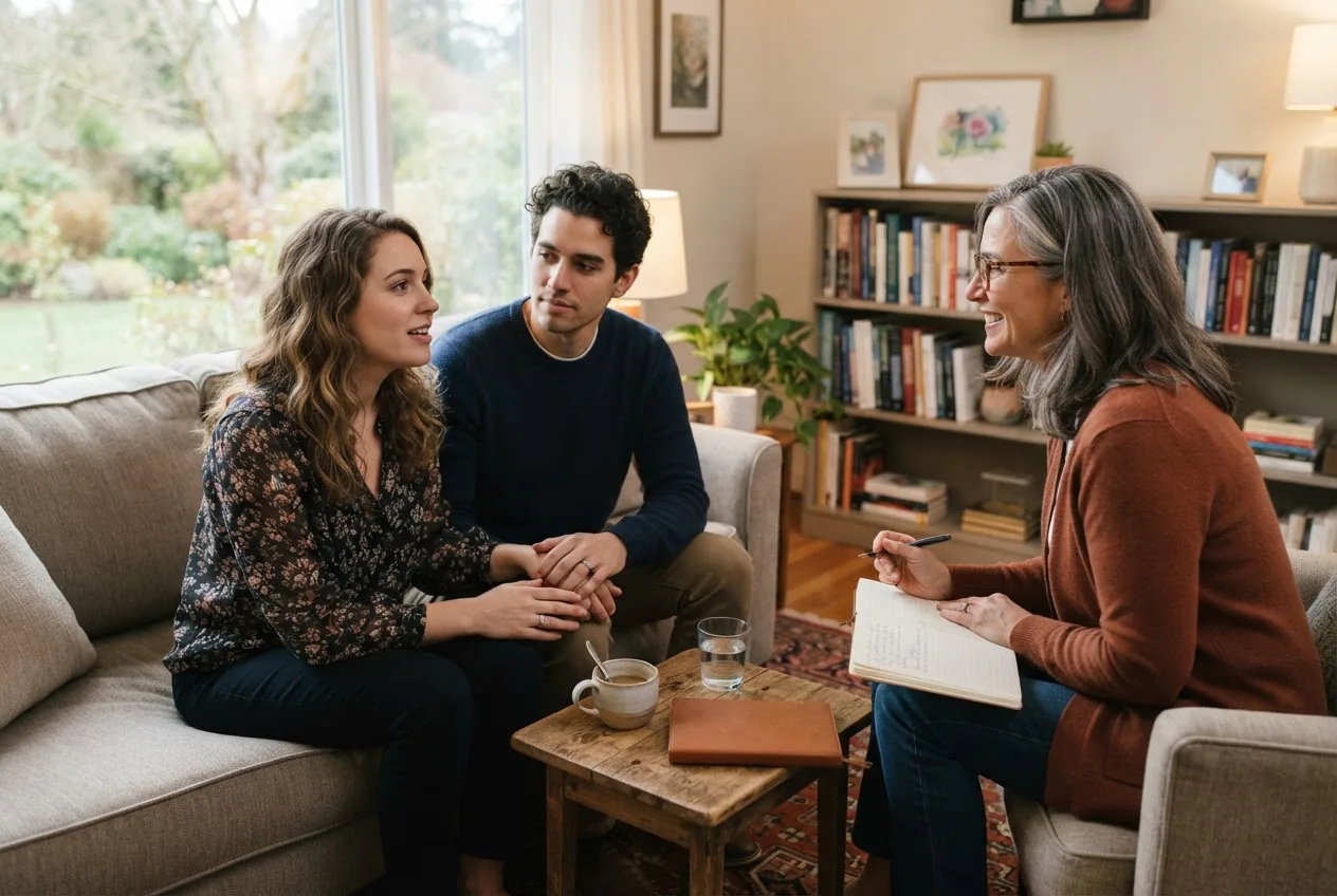 A wide, detailed photograph of a young engaged couple sitting with a therapist in a comfortable counseling office, warm natural light,