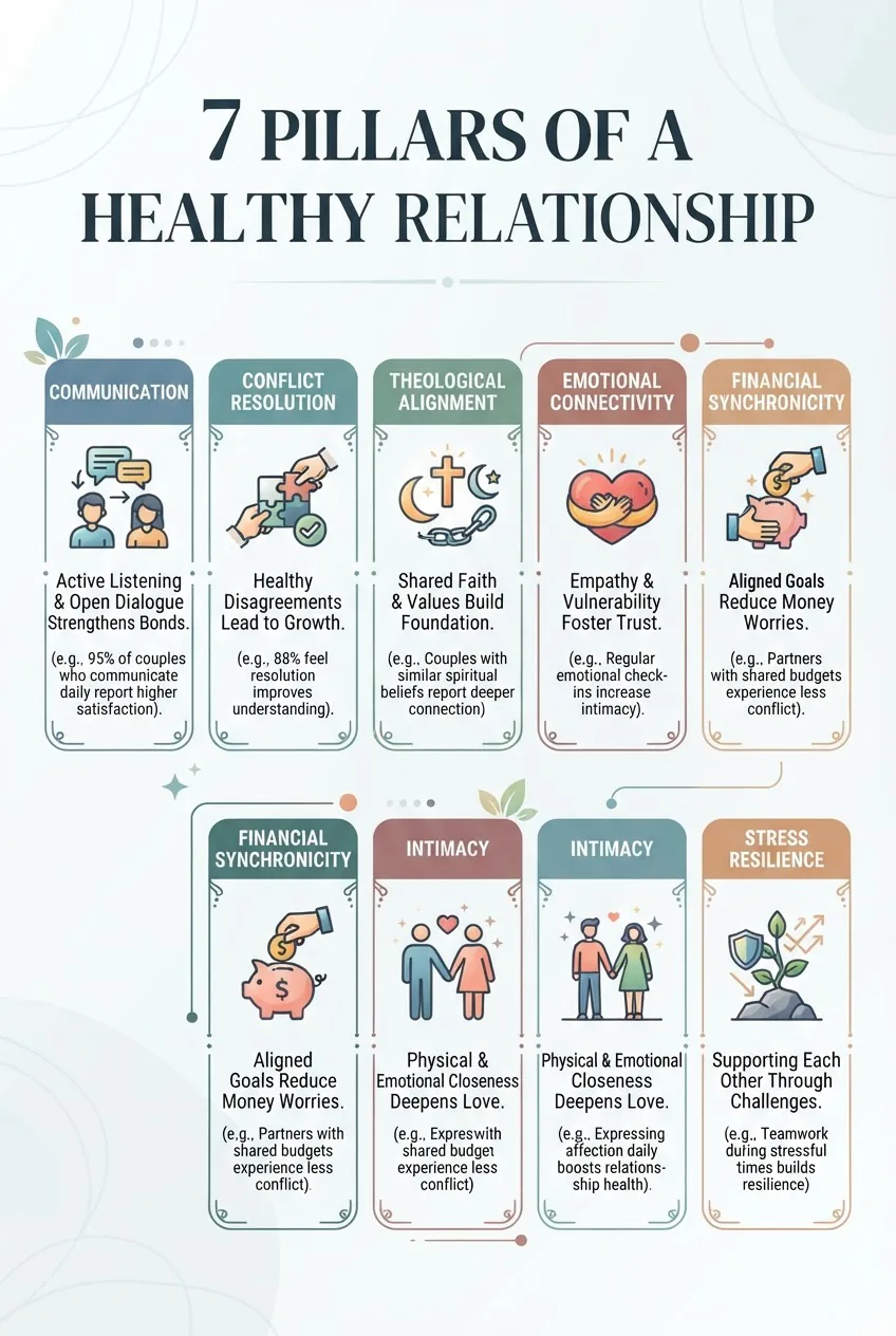 displays seven columns or icons labeled Communication, Conflict Resolution, Theological Alignment, Emotional Connectivity, Financial