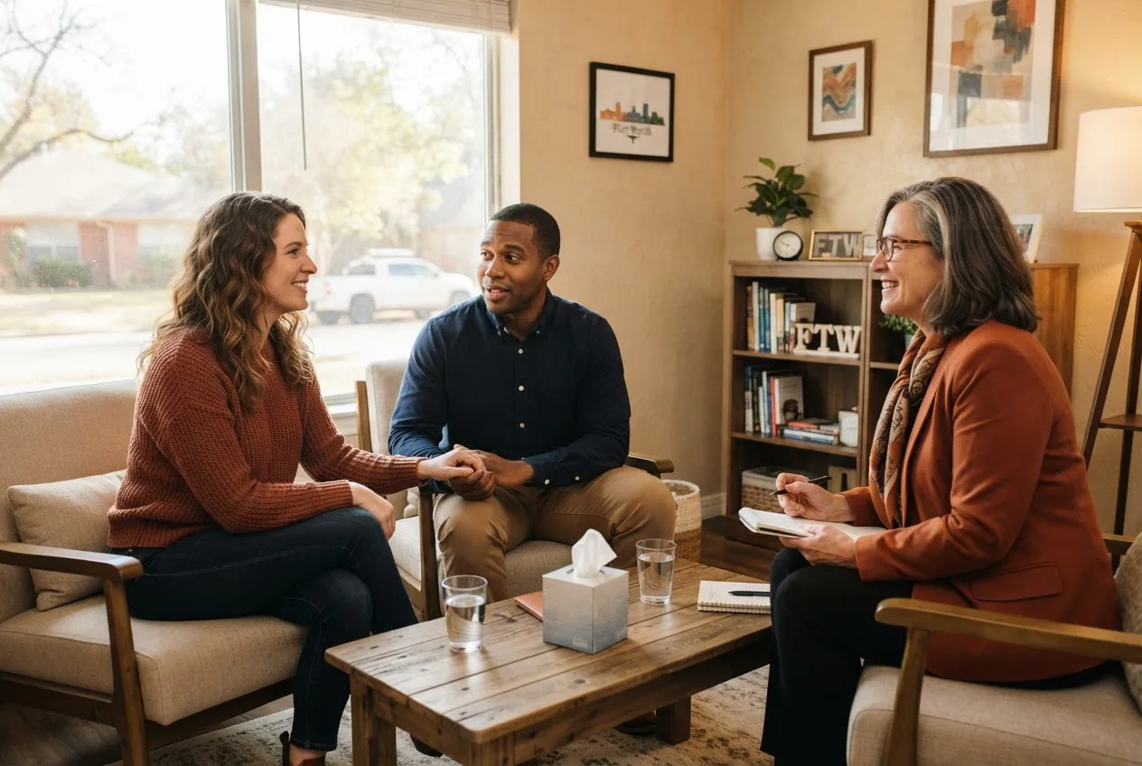 a mixed-race couple sitting across from a counselor in a bright Fort Worth therapy office, natural light, warm tones, candid supportive