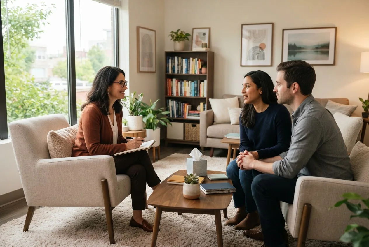 a couple and a licensed therapist in a modern therapy office, soft natural light, warm supportive mood, candid conversation showing