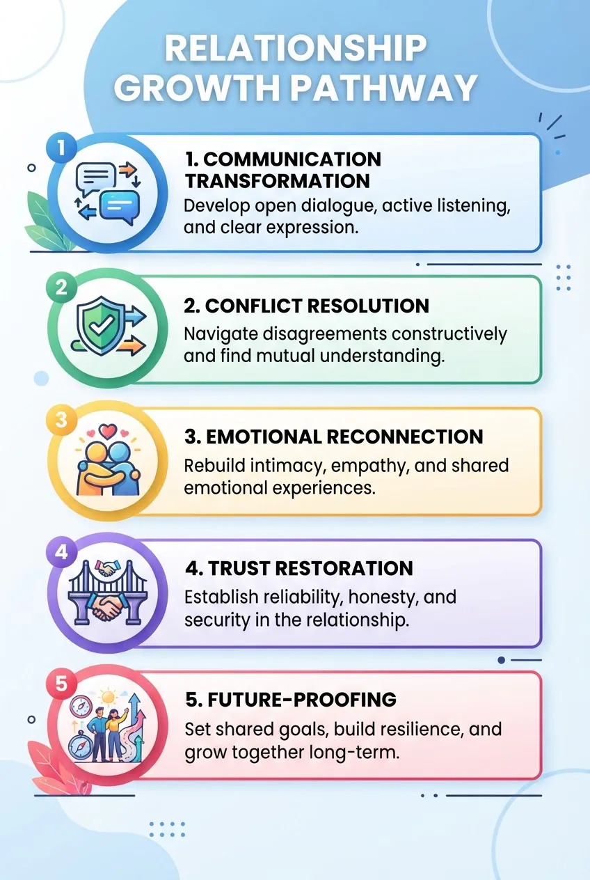 five stacked icons and short labels: Communication Transformation, Conflict Resolution, Emotional Reconnection, Trust Restoration,