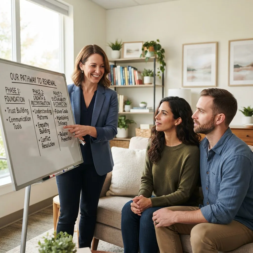 a therapist pointing to a three-phase timeline on a whiteboard while a couple attentively listens in a bright therapy office; medium close