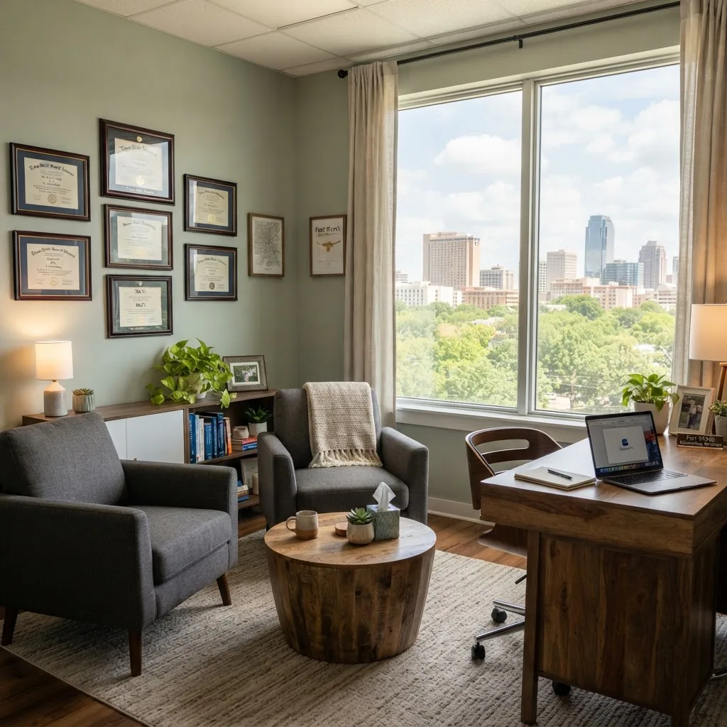 Photorealistic image of a Fort Worth counselor's office: certificates on wall, a desk with a laptop and couple's seating area, daytime