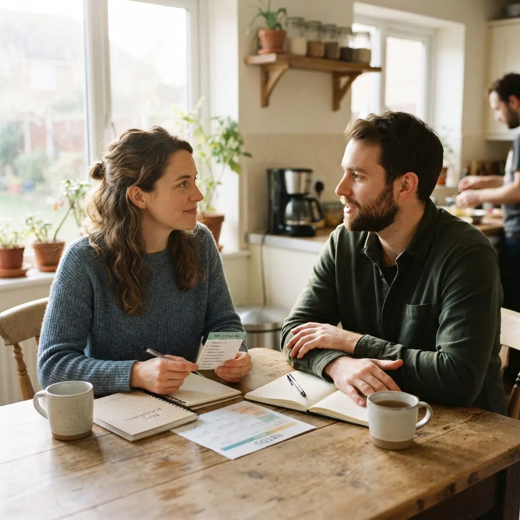 a couple sitting at a kitchen table practicing nonviolent communication, facing each other, calm expressions, sunlight through a window,