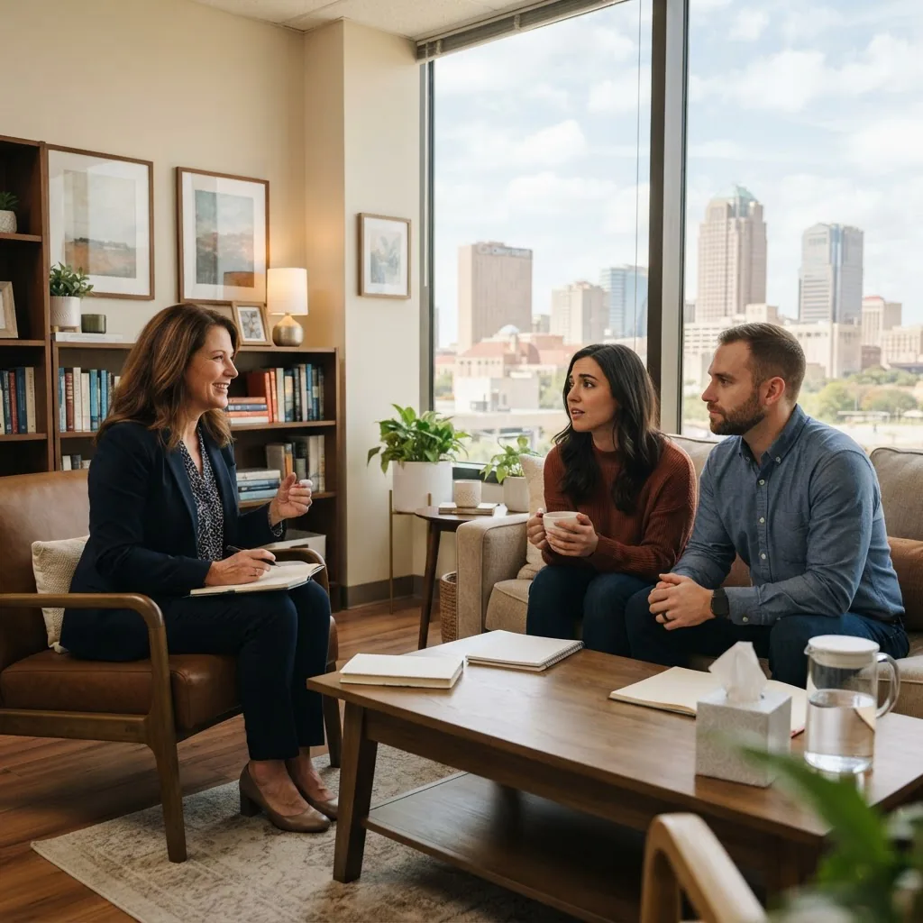 a professional therapist consulting a couple with the Fort Worth skyline visible through a window; midday light, calm office, warm tones,