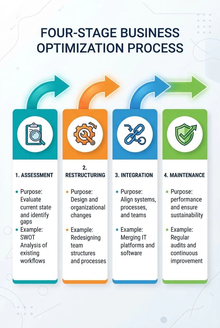 four columns labeled Assessment, Restructuring, Integration, Maintenance; each column has an icon, two short bullets (purpose and one