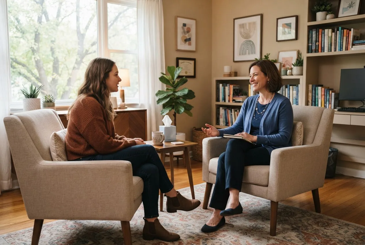 a licensed therapist speaking with a single client in a warm, well-lit office, mid-angle, natural daylight, calm supportive mood