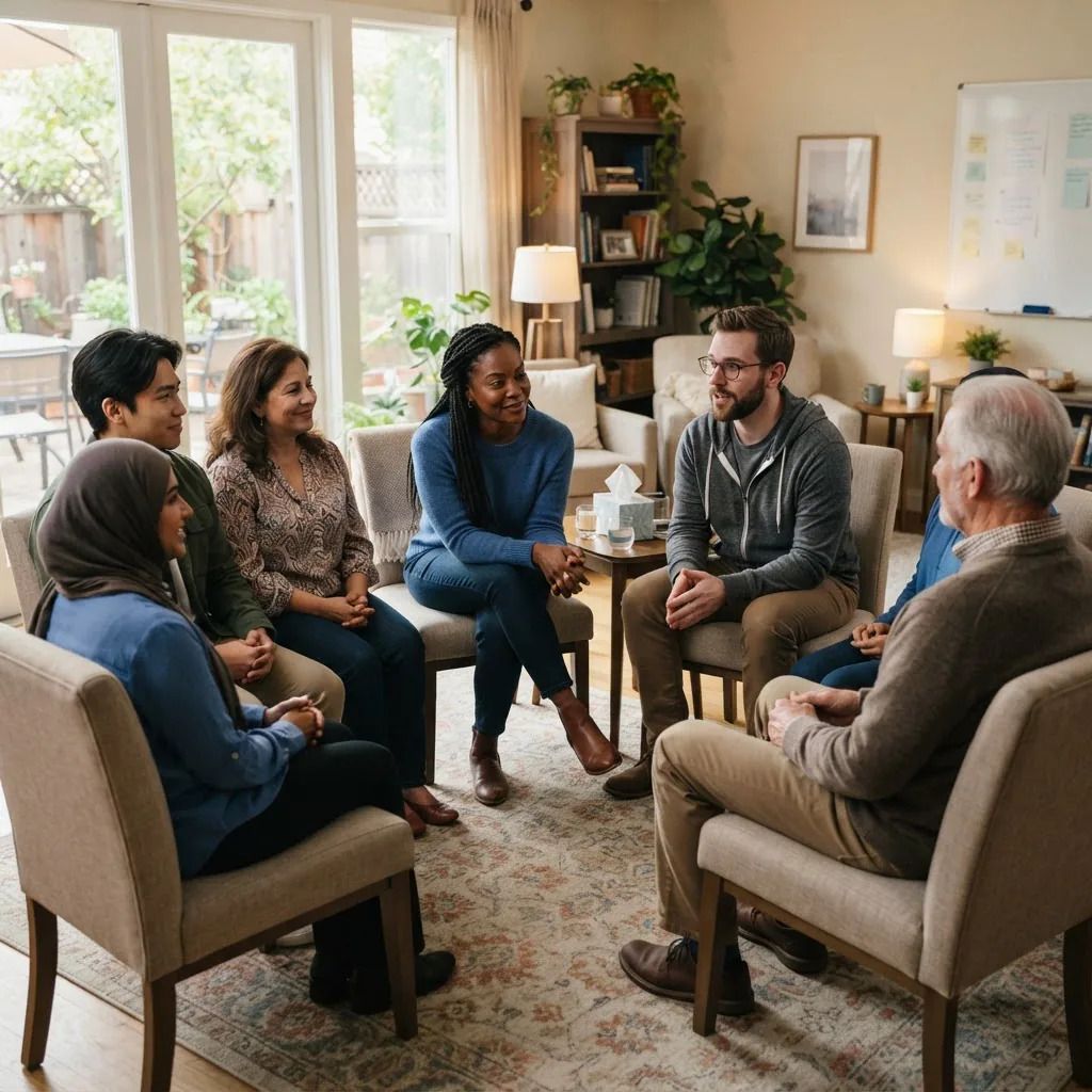 a diverse small therapy group of six adults sitting in a circle in a comfortable community room, natural lighting, empathetic expressions