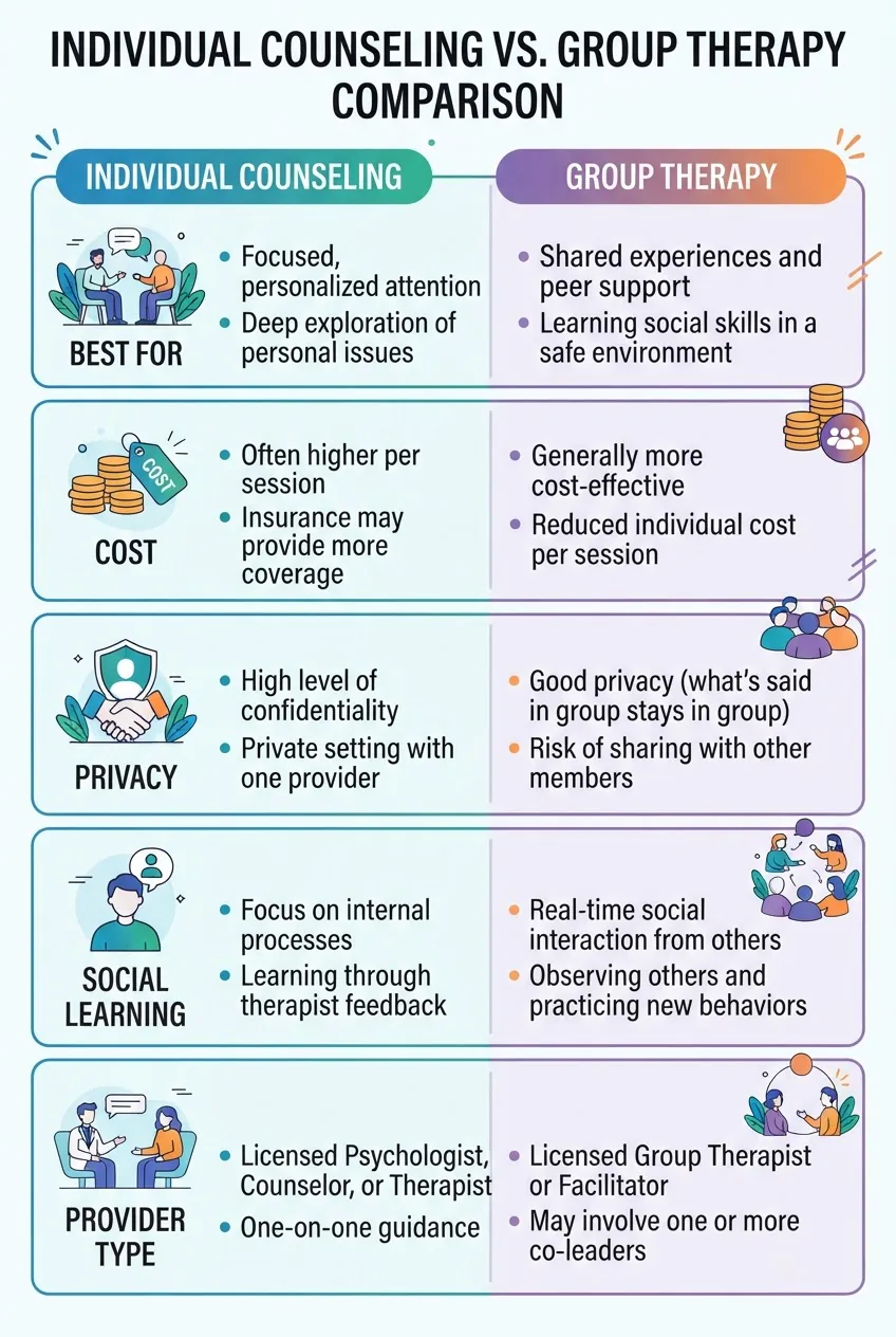compares Individual Counseling and Group Therapy across five rows: Best for, Cost, Privacy, Social learning, Provider type. Two columns,