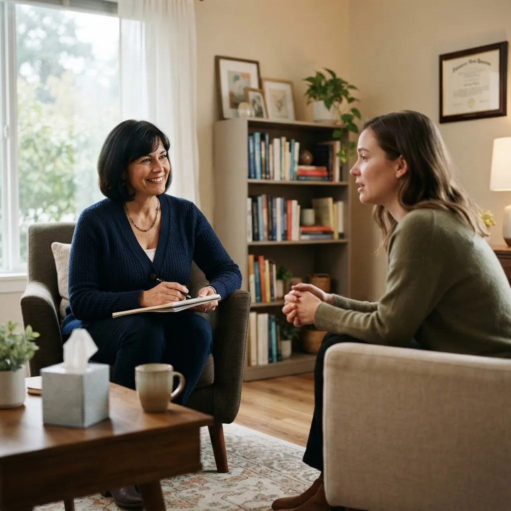 a licensed therapist and client in a warm, professional counseling office, mid-shot, natural daylight, empathetic body language, calm