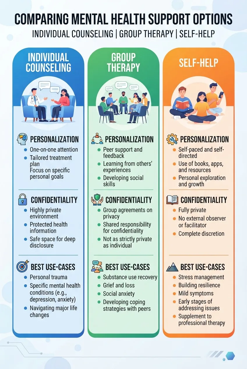 comparing Individual Counseling, Group Therapy, and Self-Help in three color-coded columns, each column with an icon and three short