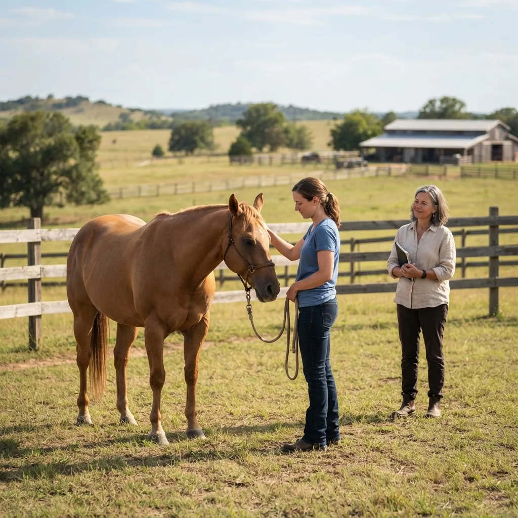 an equine-assisted therapy session outdoors in North Texas; a therapist observing a participant interacting calmly with a gentle horse,