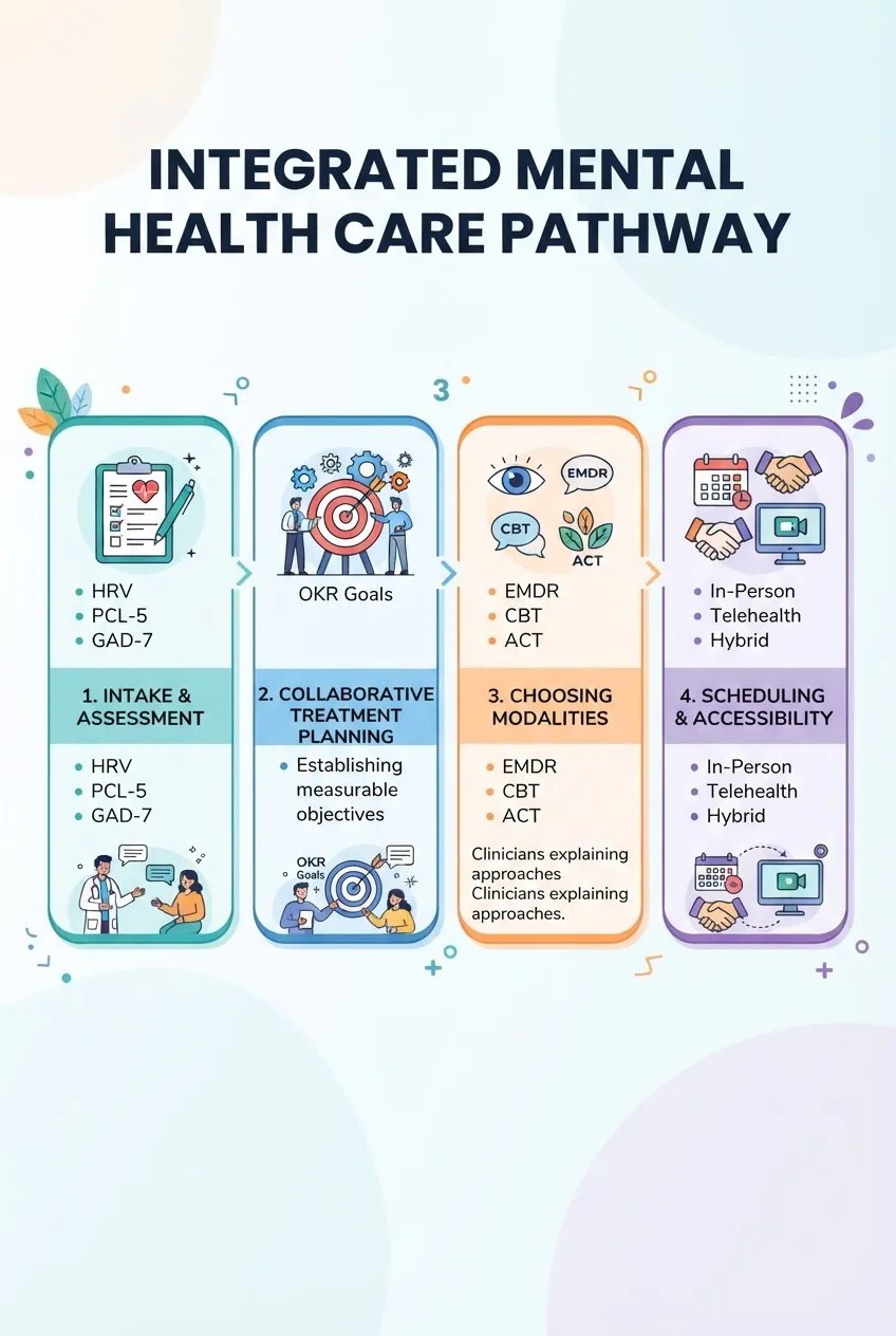 shows four steps horizontally: 1 Intake & Assessment (icon and short list: HRV, PCL-5, GAD-7), 2 Collaborative Treatment Planning (OKR